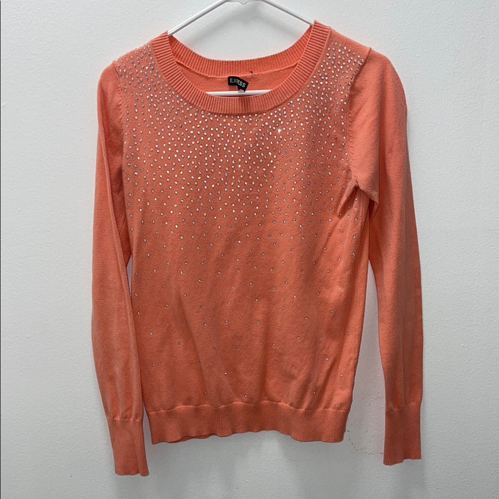 vintage Express Rhinestone Embellished Coral Pink Knit Sweater‎